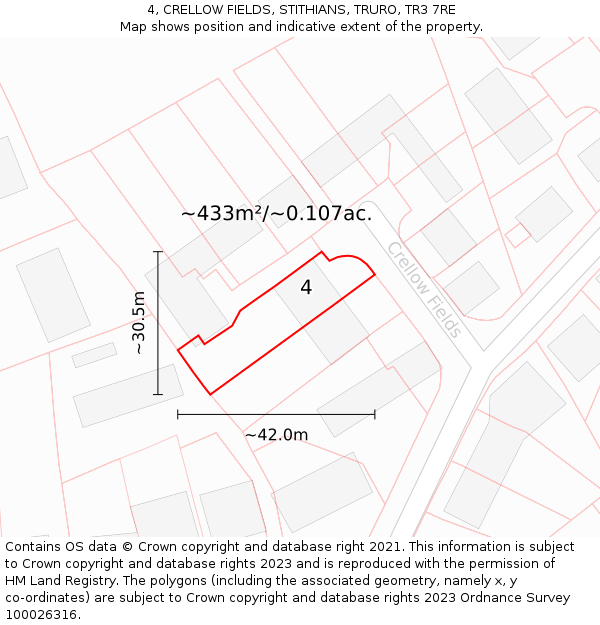 4, CRELLOW FIELDS, STITHIANS, TRURO, TR3 7RE: Plot and title map