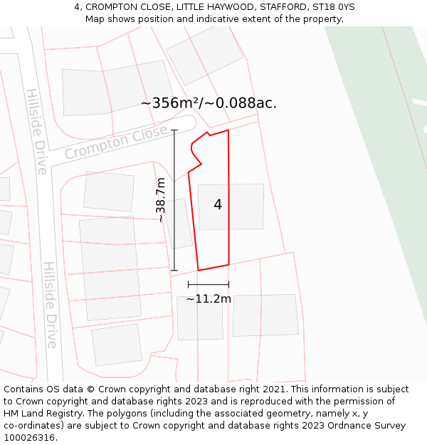 4, CROMPTON CLOSE, LITTLE HAYWOOD, STAFFORD, ST18 0YS: Plot and title map