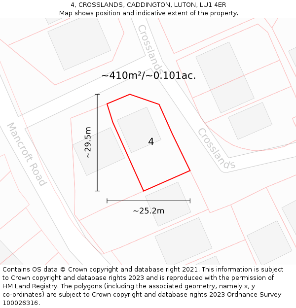 4, CROSSLANDS, CADDINGTON, LUTON, LU1 4ER: Plot and title map