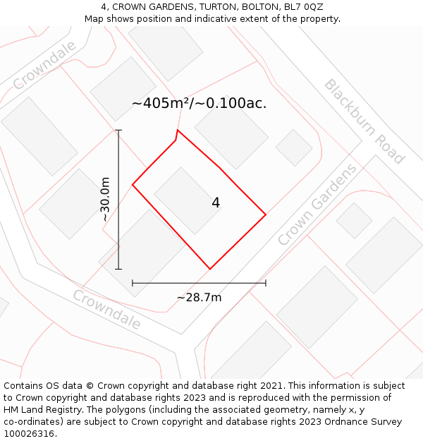 4, CROWN GARDENS, TURTON, BOLTON, BL7 0QZ: Plot and title map