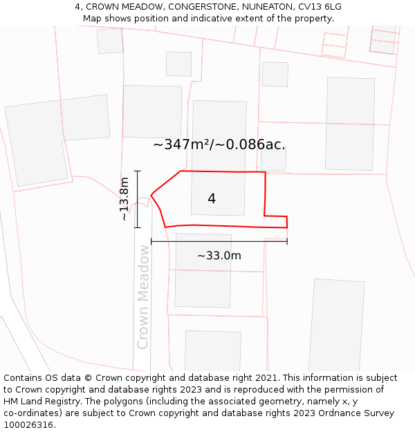 4, CROWN MEADOW, CONGERSTONE, NUNEATON, CV13 6LG: Plot and title map