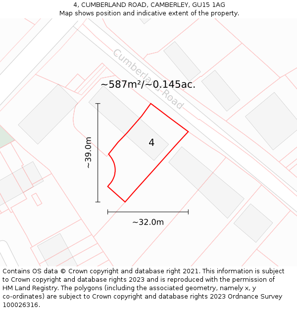 4, CUMBERLAND ROAD, CAMBERLEY, GU15 1AG: Plot and title map