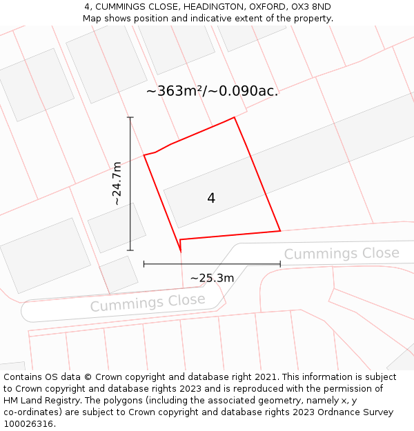 4, CUMMINGS CLOSE, HEADINGTON, OXFORD, OX3 8ND: Plot and title map