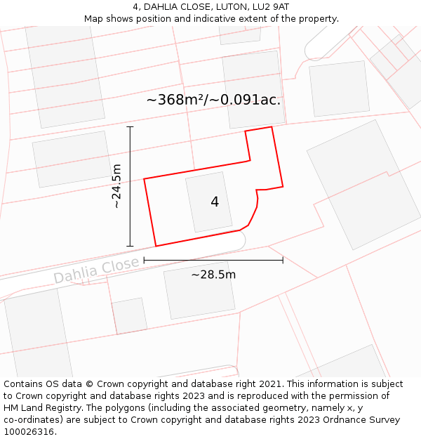 4, DAHLIA CLOSE, LUTON, LU2 9AT: Plot and title map