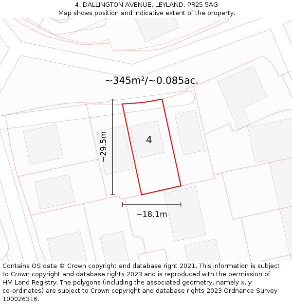 4, DALLINGTON AVENUE, LEYLAND, PR25 5AG: Plot and title map