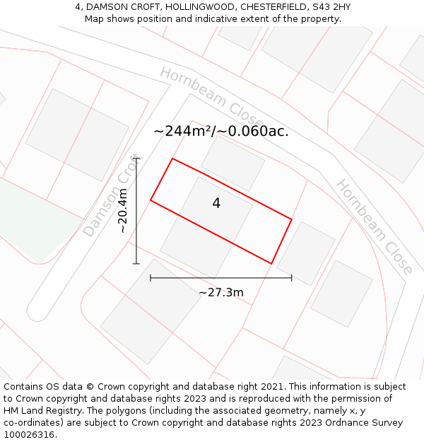 4, DAMSON CROFT, HOLLINGWOOD, CHESTERFIELD, S43 2HY: Plot and title map
