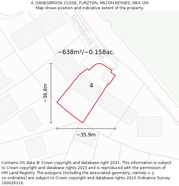 4, DANESBROOK CLOSE, FURZTON, MILTON KEYNES, MK4 1FA: Plot and title map