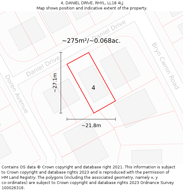 4, DANIEL DRIVE, RHYL, LL18 4LJ: Plot and title map