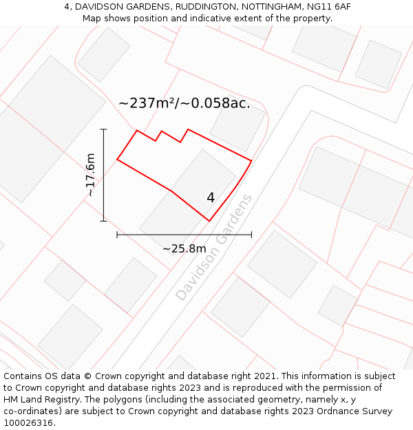 4, DAVIDSON GARDENS, RUDDINGTON, NOTTINGHAM, NG11 6AF: Plot and title map