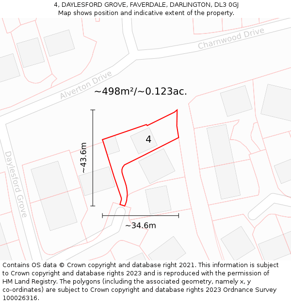 4, DAYLESFORD GROVE, FAVERDALE, DARLINGTON, DL3 0GJ: Plot and title map