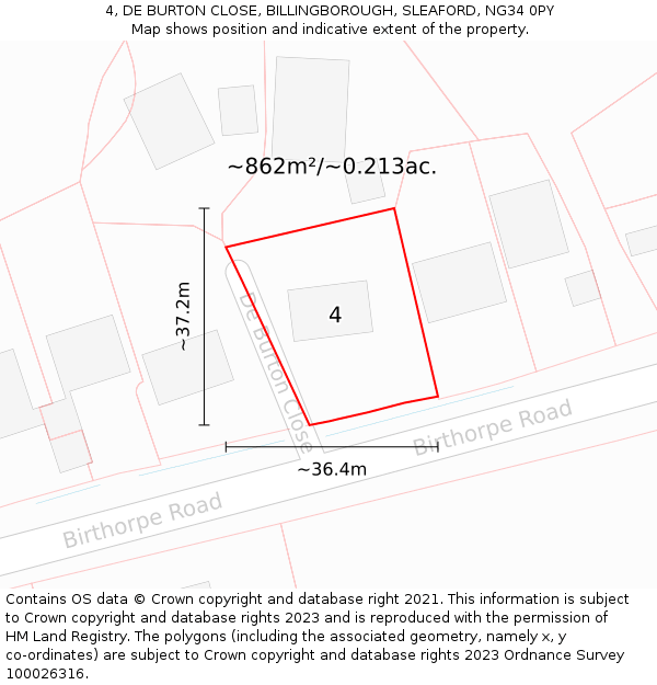 4, DE BURTON CLOSE, BILLINGBOROUGH, SLEAFORD, NG34 0PY: Plot and title map