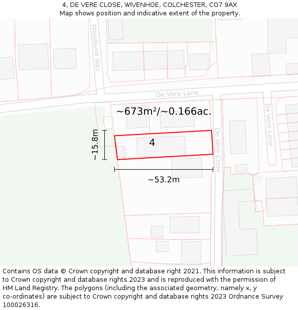 4, DE VERE CLOSE, WIVENHOE, COLCHESTER, CO7 9AX: Plot and title map