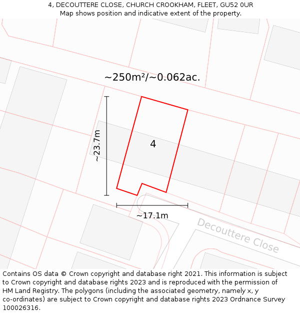4, DECOUTTERE CLOSE, CHURCH CROOKHAM, FLEET, GU52 0UR: Plot and title map