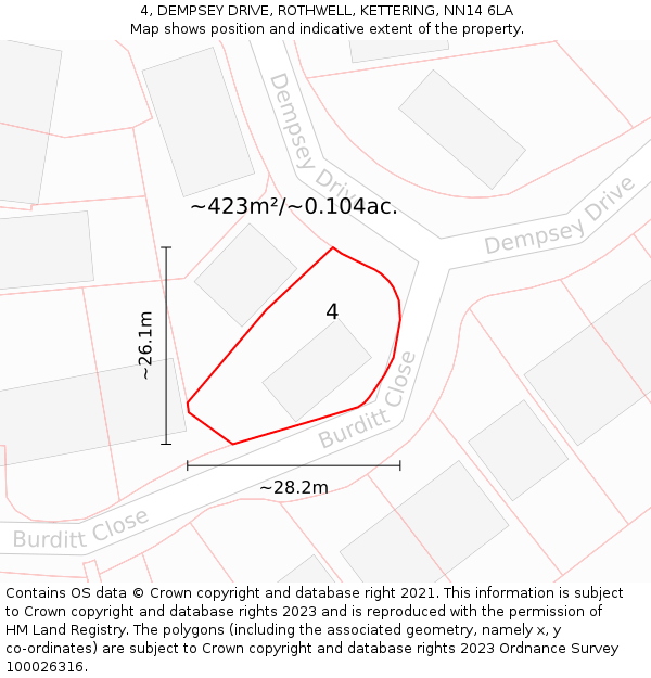 4, DEMPSEY DRIVE, ROTHWELL, KETTERING, NN14 6LA: Plot and title map