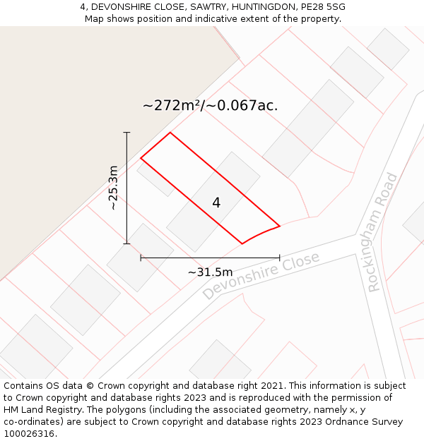 4, DEVONSHIRE CLOSE, SAWTRY, HUNTINGDON, PE28 5SG: Plot and title map