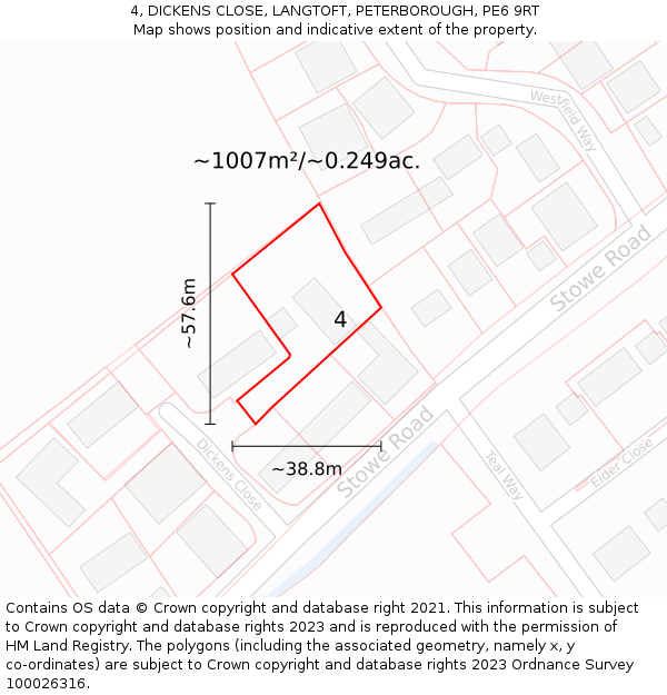 4, DICKENS CLOSE, LANGTOFT, PETERBOROUGH, PE6 9RT: Plot and title map