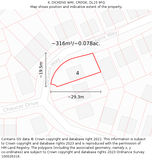 4, DICKENS WAY, CROOK, DL15 9FQ: Plot and title map