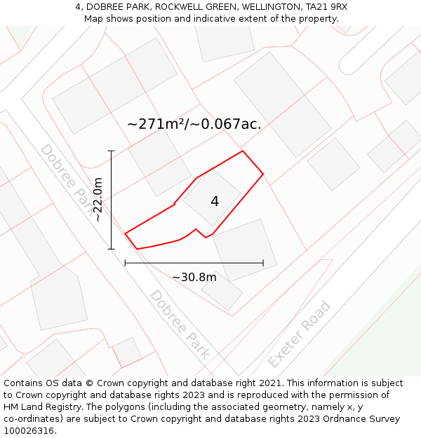 4, DOBREE PARK, ROCKWELL GREEN, WELLINGTON, TA21 9RX: Plot and title map