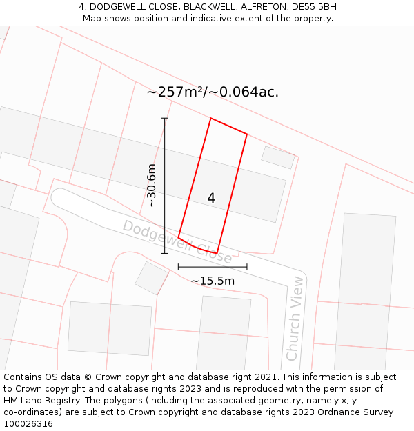 4, DODGEWELL CLOSE, BLACKWELL, ALFRETON, DE55 5BH: Plot and title map