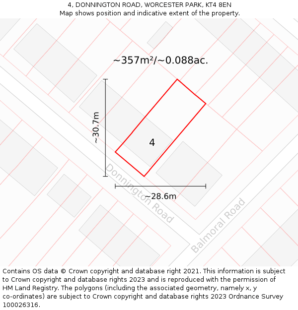 4, DONNINGTON ROAD, WORCESTER PARK, KT4 8EN: Plot and title map