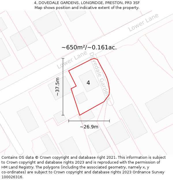4, DOVEDALE GARDENS, LONGRIDGE, PRESTON, PR3 3SF: Plot and title map
