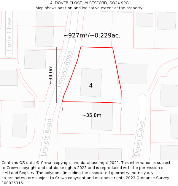 4, DOVER CLOSE, ALRESFORD, SO24 9PG: Plot and title map