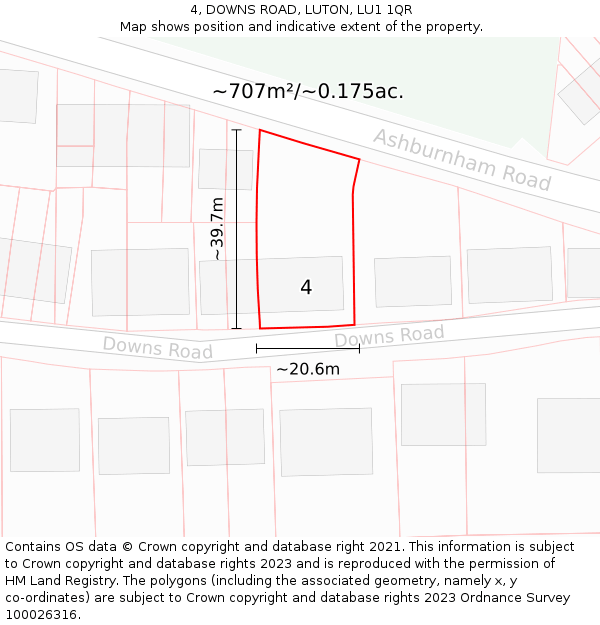 4, DOWNS ROAD, LUTON, LU1 1QR: Plot and title map