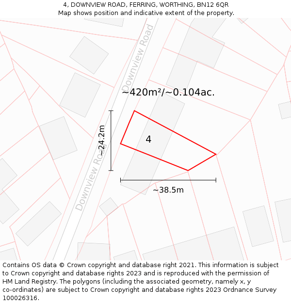 4, DOWNVIEW ROAD, FERRING, WORTHING, BN12 6QR: Plot and title map