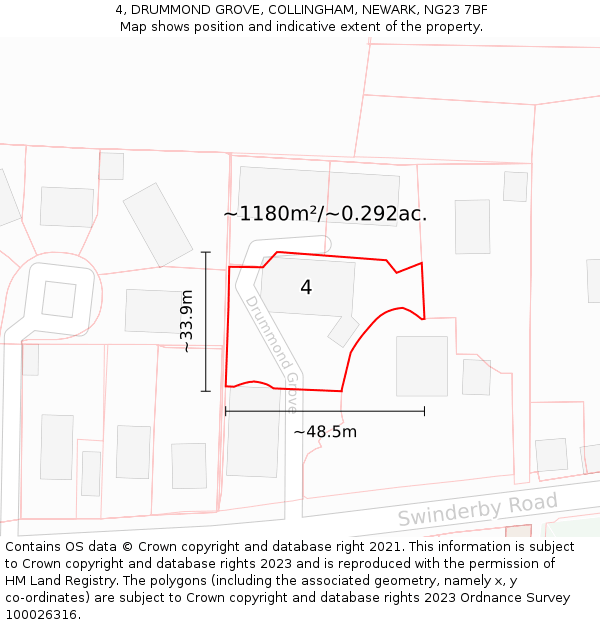 4, DRUMMOND GROVE, COLLINGHAM, NEWARK, NG23 7BF: Plot and title map