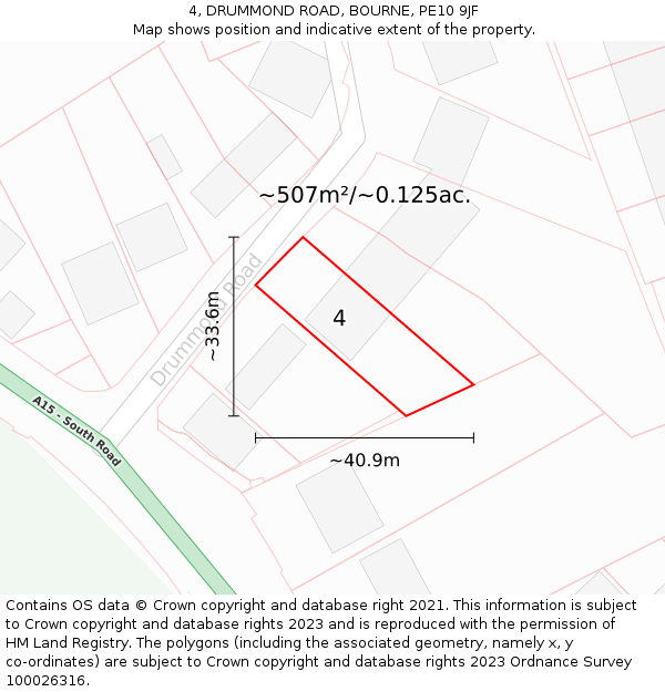 4, DRUMMOND ROAD, BOURNE, PE10 9JF: Plot and title map