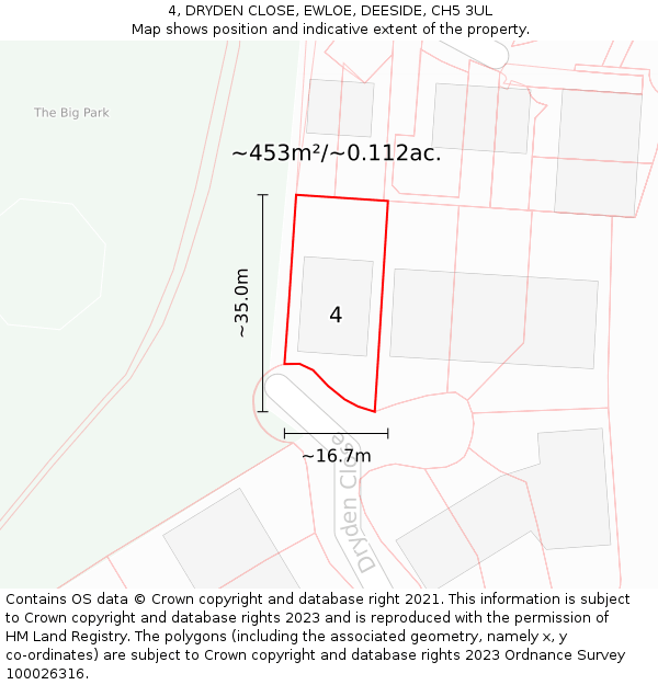 4, DRYDEN CLOSE, EWLOE, DEESIDE, CH5 3UL: Plot and title map