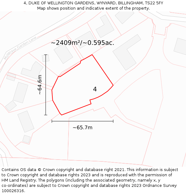 4, DUKE OF WELLINGTON GARDENS, WYNYARD, BILLINGHAM, TS22 5FY: Plot and title map