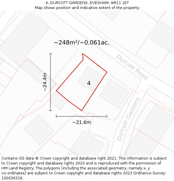 4, DURCOTT GARDENS, EVESHAM, WR11 1ET: Plot and title map