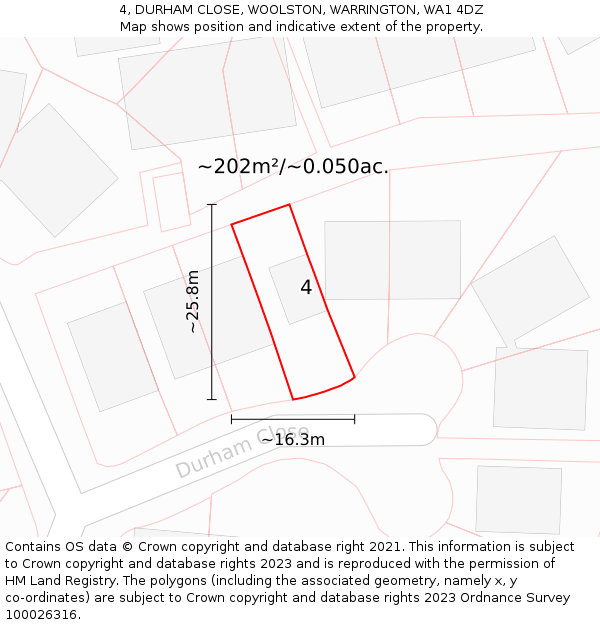 4, DURHAM CLOSE, WOOLSTON, WARRINGTON, WA1 4DZ: Plot and title map