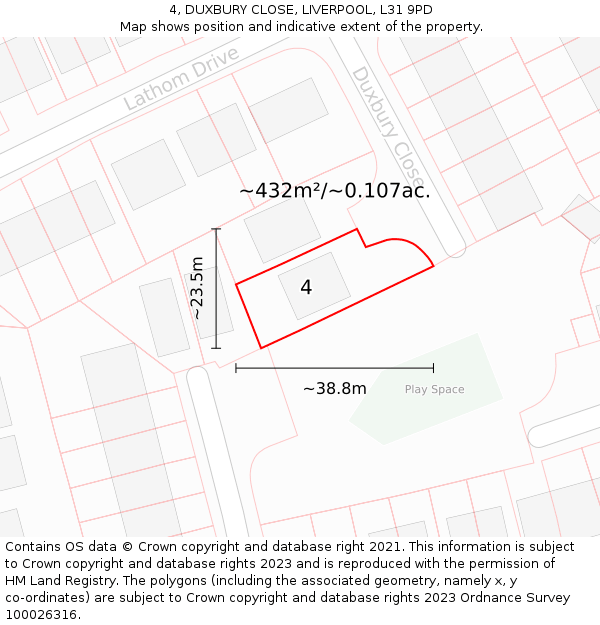 4, DUXBURY CLOSE, LIVERPOOL, L31 9PD: Plot and title map