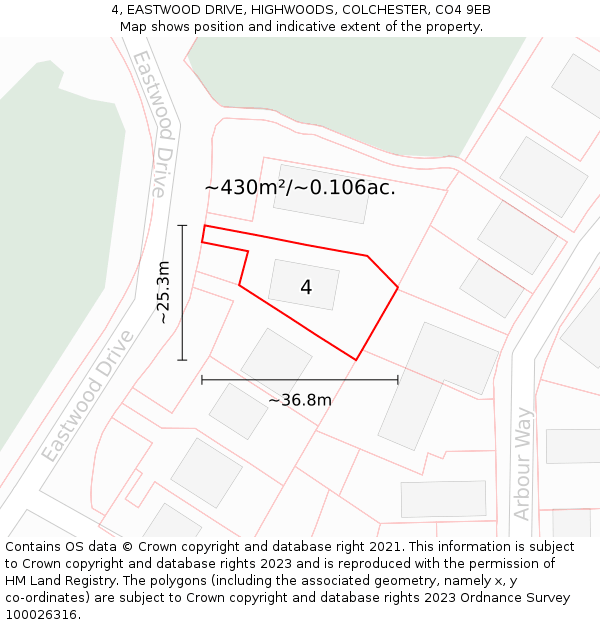 4, EASTWOOD DRIVE, HIGHWOODS, COLCHESTER, CO4 9EB: Plot and title map