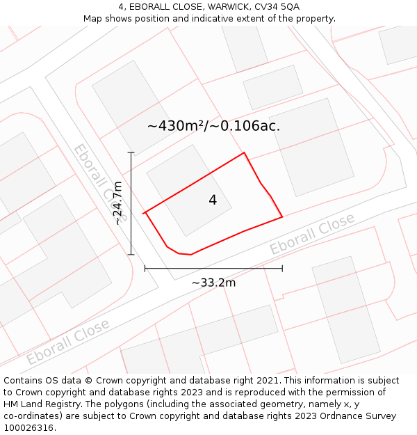 4, EBORALL CLOSE, WARWICK, CV34 5QA: Plot and title map