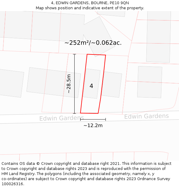 4, EDWIN GARDENS, BOURNE, PE10 9QN: Plot and title map