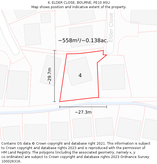 4, ELDER CLOSE, BOURNE, PE10 9SU: Plot and title map