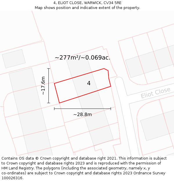 4, ELIOT CLOSE, WARWICK, CV34 5RE: Plot and title map