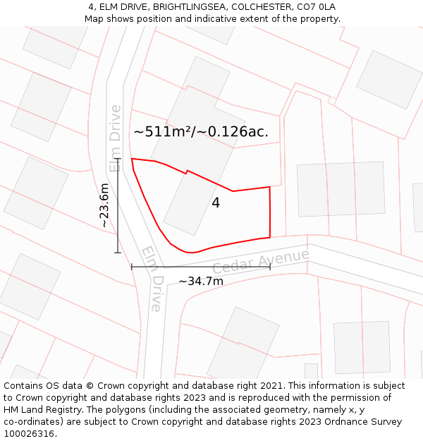 4, ELM DRIVE, BRIGHTLINGSEA, COLCHESTER, CO7 0LA: Plot and title map