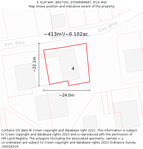 4, ELM WAY, BACTON, STOWMARKET, IP14 4NX: Plot and title map