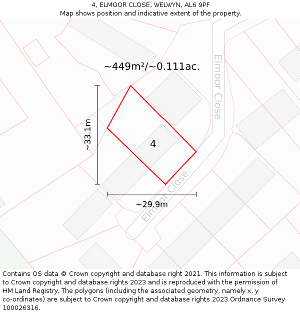 4, ELMOOR CLOSE, WELWYN, AL6 9PF: Plot and title map