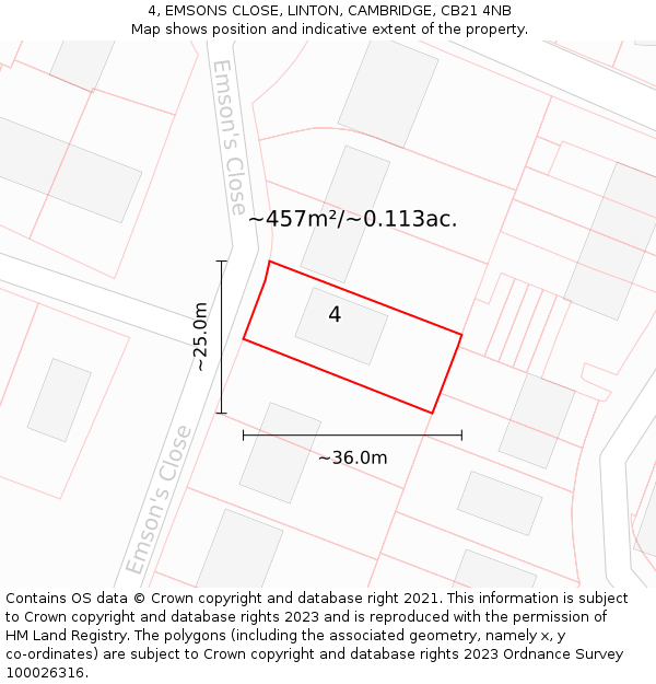 4, EMSONS CLOSE, LINTON, CAMBRIDGE, CB21 4NB: Plot and title map