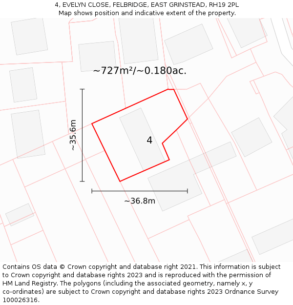 4, EVELYN CLOSE, FELBRIDGE, EAST GRINSTEAD, RH19 2PL: Plot and title map