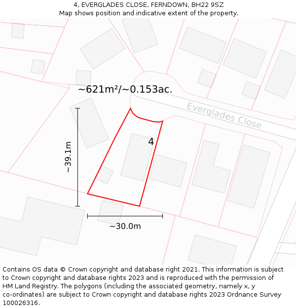 4, EVERGLADES CLOSE, FERNDOWN, BH22 9SZ: Plot and title map