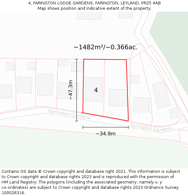 4, FARINGTON LODGE GARDENS, FARINGTON, LEYLAND, PR25 4AB: Plot and title map