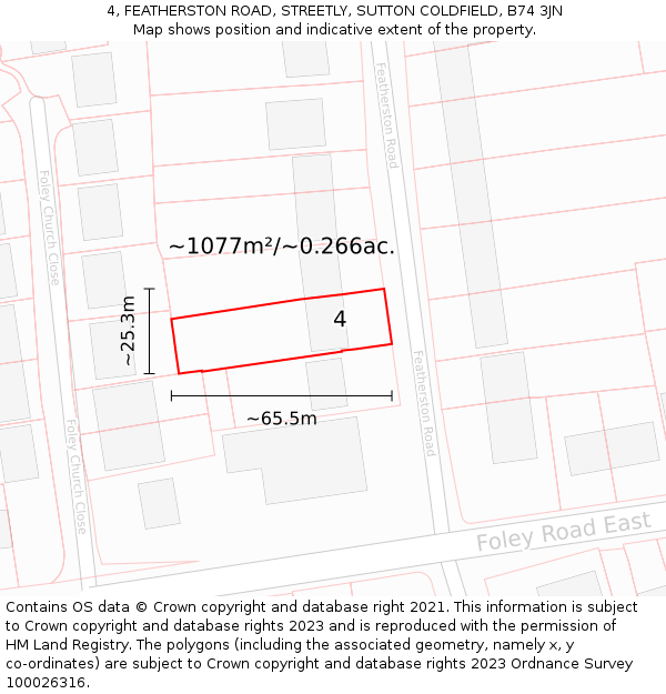 4, FEATHERSTON ROAD, STREETLY, SUTTON COLDFIELD, B74 3JN: Plot and title map