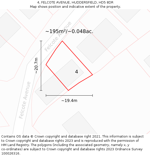 4, FELCOTE AVENUE, HUDDERSFIELD, HD5 8DR: Plot and title map