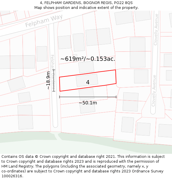 4, FELPHAM GARDENS, BOGNOR REGIS, PO22 8QS: Plot and title map